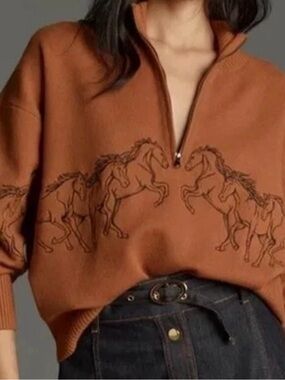 Anthropologie Maeve Montana Mock Neck Half Zip Sweater Bronze Horses Size XS New
